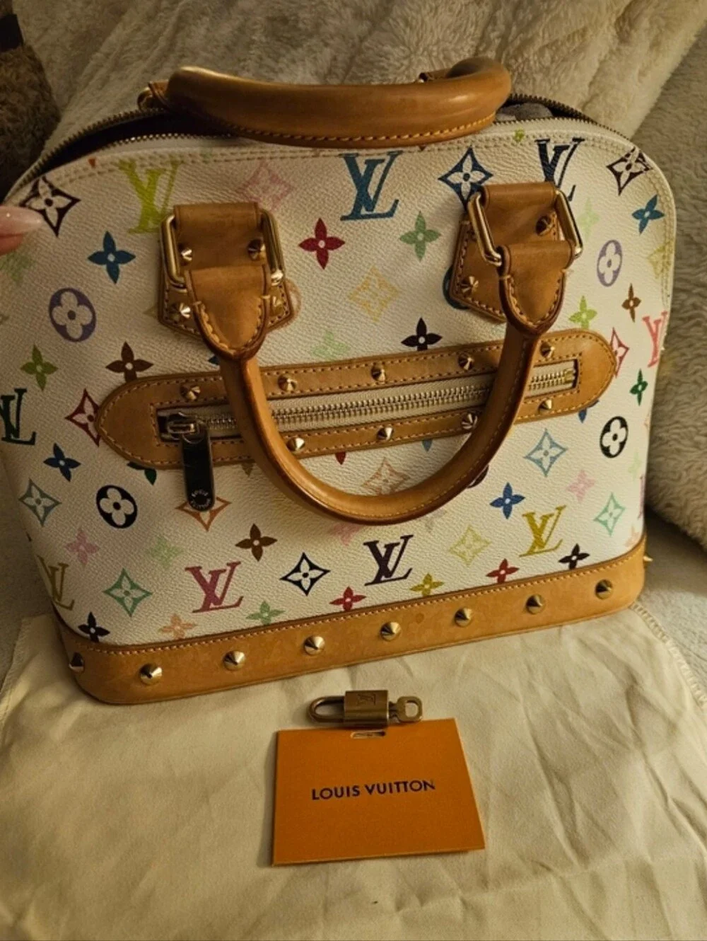Authentic Louis Vuitton Alma PM White Multicolor Monogram PM Bag With Lock & Key